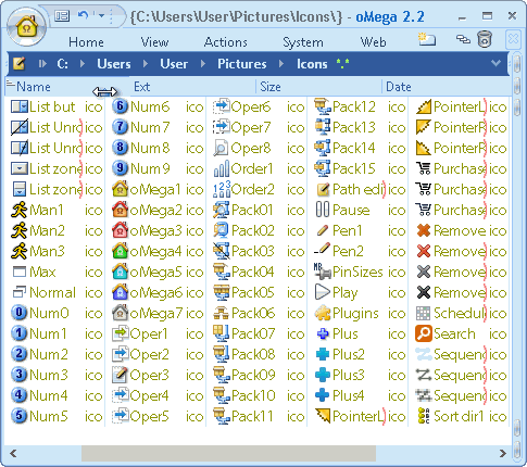 oMega Commander Features. Manual changing of the column width in the list files view.